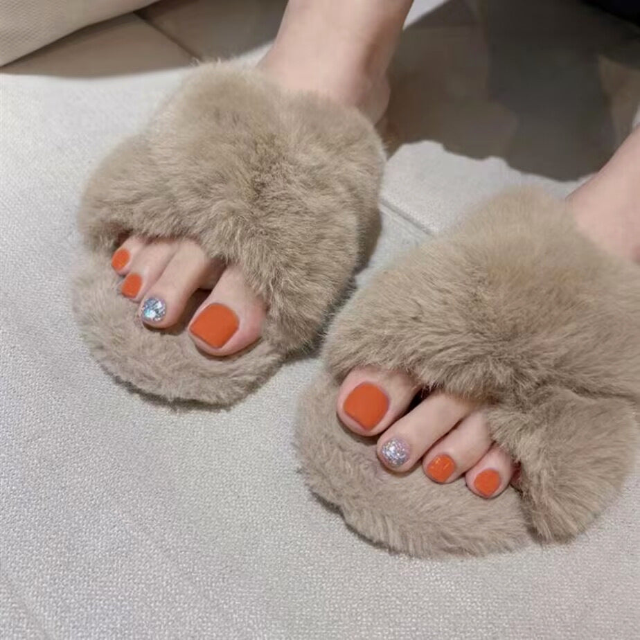 Cozy Autumn Elegance Short-Length Square Orange Press On Toenails with Glitter Accent