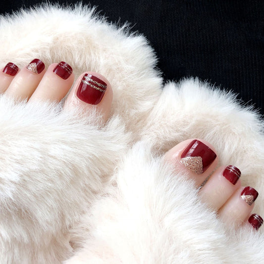 Elegant Evening Burgundy Short Square Press On Toenail Set with Sparkling Accents
