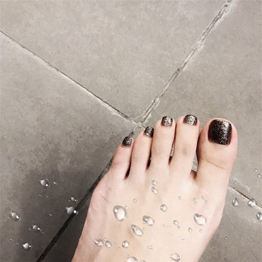 Starry Night Collection Short Square Sparkling Black Glitter Press On Toe Nail Set