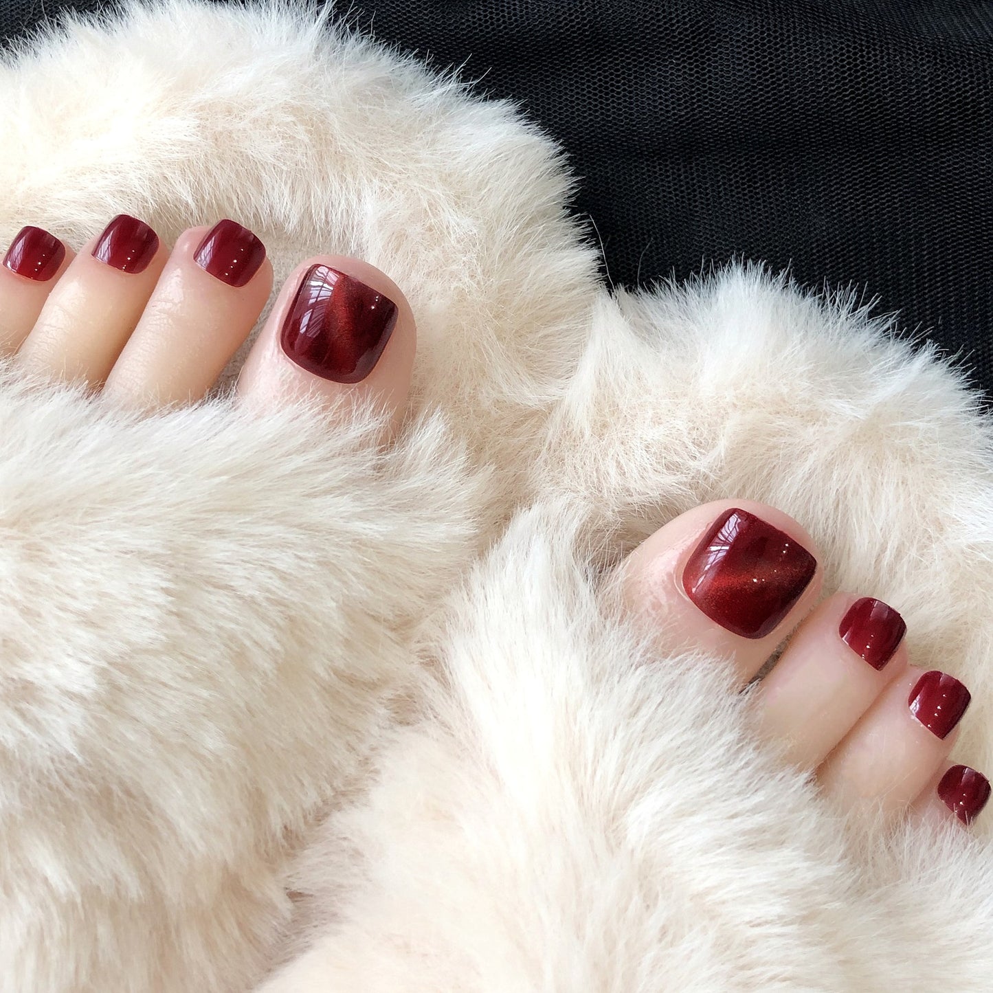 Velvet Glamour Short Square Burgundy Press On Toenails with Shimmer Finish