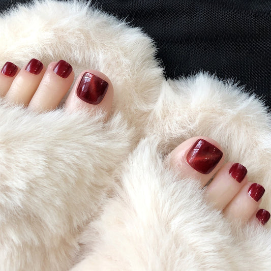 Velvet Glamour Short Square Burgundy Press On Toenails with Shimmer Finish