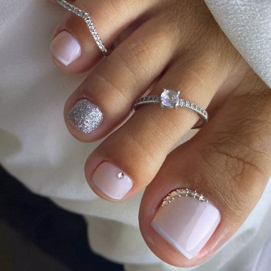 Elegant Bridal Collection Short Length Square Light Pink Press On Nail Set with Glitter and Rhinestone Accents