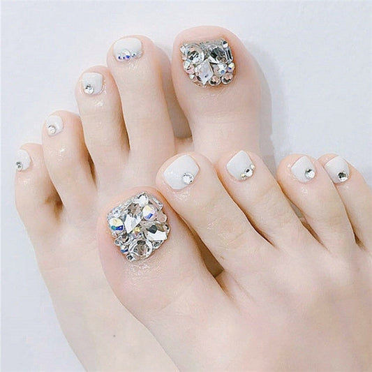 Elegant Bridal White Short Square Press On Toe Nail Set with Rhinestone Accents