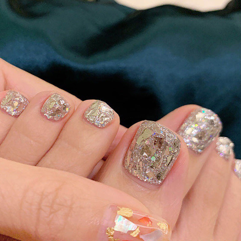 Enchanted Evening Short Square Glittering Silver Press On Toenails with Holographic Accents