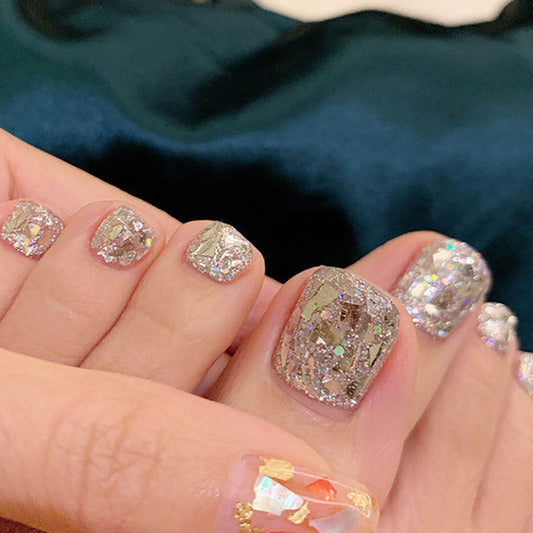 Enchanted Evening Short Square Glittering Silver Press On Toenails with Holographic Accents