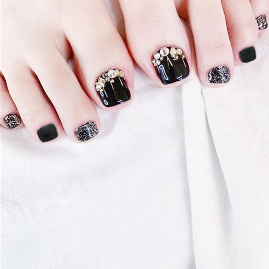 Glamour Night Short Square Black Press On Toenails with Glitter Accents and Rhinestone Embellishments
