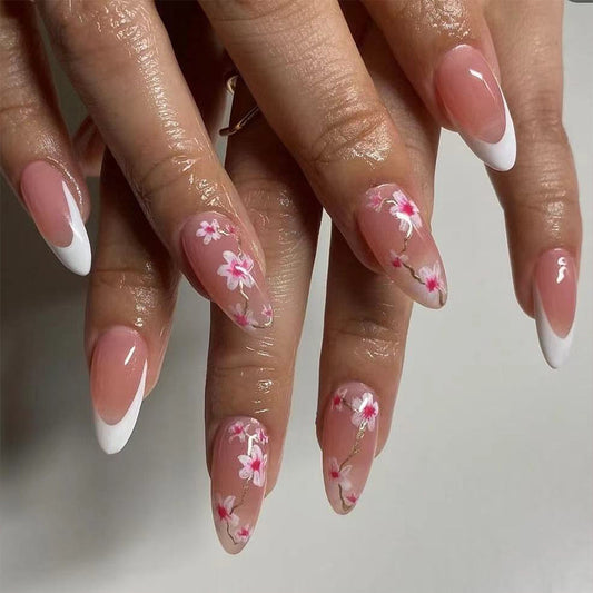 Floral Elegance Long Almond Shape Blush Pink with White Tips and Delicate Flower Design Press On Nail Set
