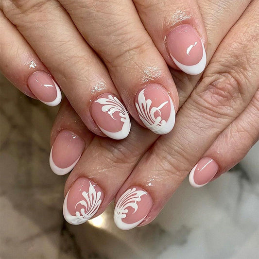 Elegant Floral Romance Medium Almond Pink and White Press On Nail Set with Intricate Design