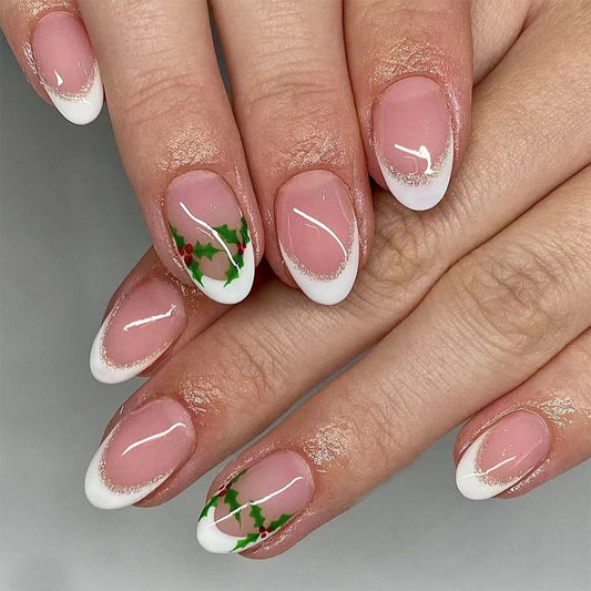 Festive Holly Almond Shape Pink French Tip Press On Medium Nails with White and Green Holiday Accents