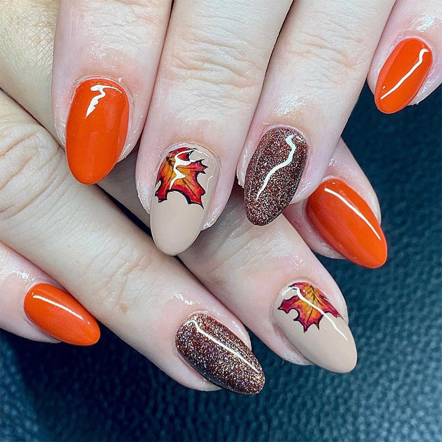 Autumn Elegance Long Oval Orange and Brown Press On Nail Set with Leaf Art and Glitter Detail