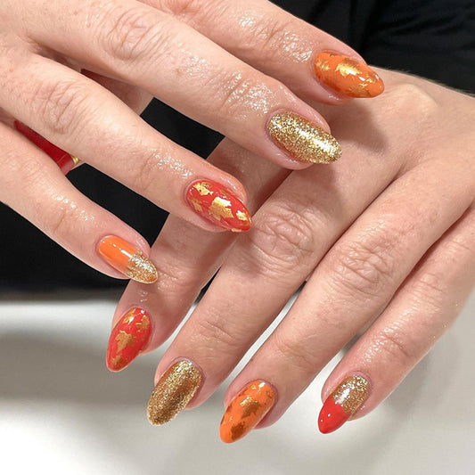 Autumn Elegance Long Almond Orange and Red Press On Nails with Gold Foil Accents