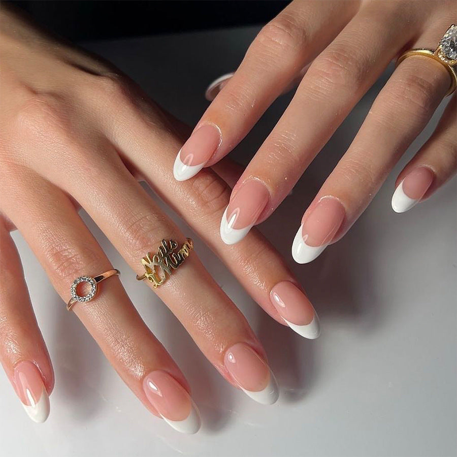 Elegant Affair Long Almond Shaped Beige and White Press On Nail Set with Glossy Finish