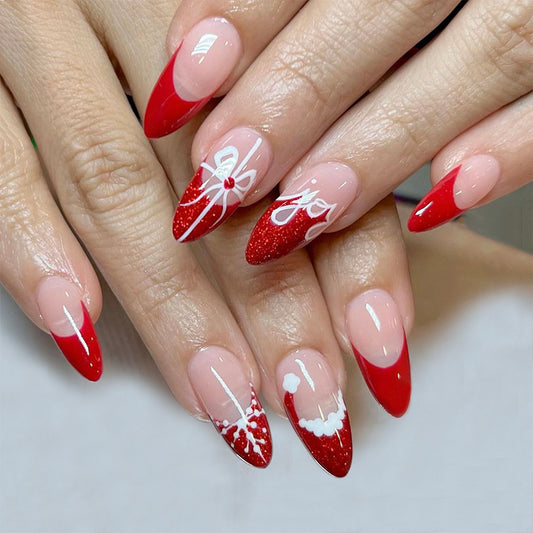 Festive Glamour Long Almond Red Glitter and Solid Press On Nail Set with Joyful Design
