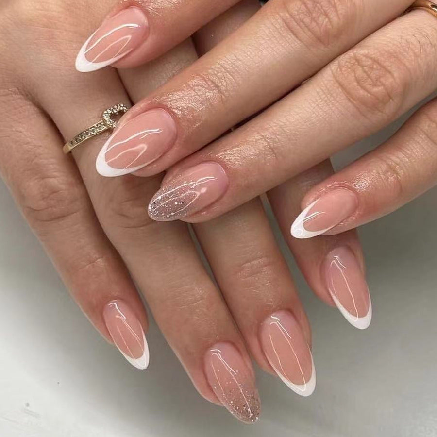Chic Elegance Long Almond Beige and White French Tip Press On Nail Set with Glitter Accent