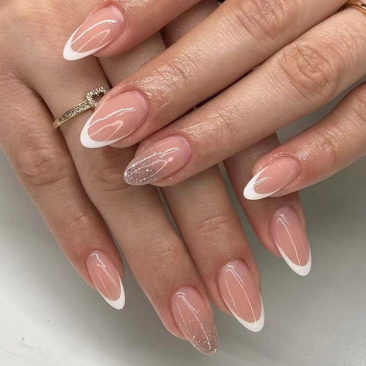 Chic Elegance Long Almond Beige and White French Tip Press On Nail Set with Glitter Accent
