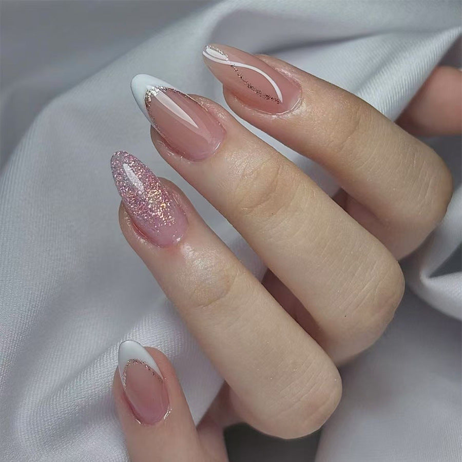 Glamorous Dreamy Medium Almond Shaped Soft Pink Nails with Sparkling Glitter Accent