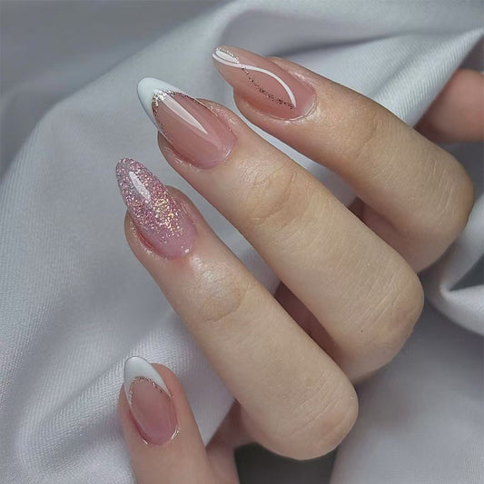 Glamorous Dreamy Medium Almond Shaped Soft Pink Nails with Sparkling Glitter Accent