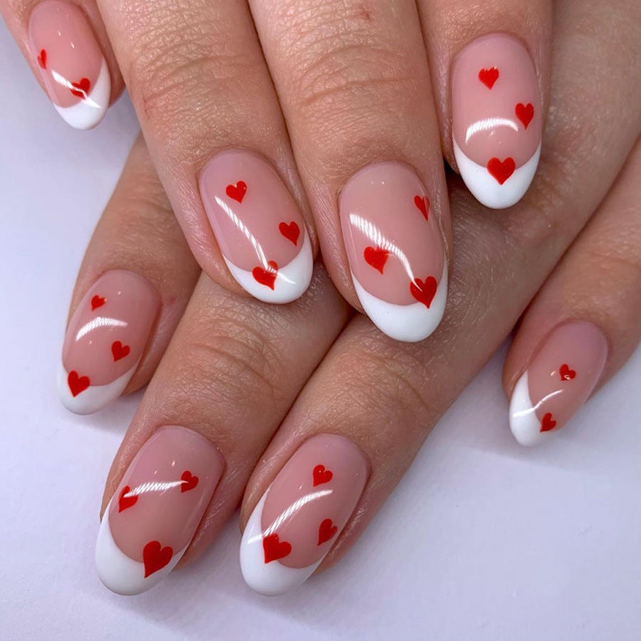 Romantic Heart Theme Elegant Medium Oval Pink and White with Charming Heart Design Press-On Nail Set