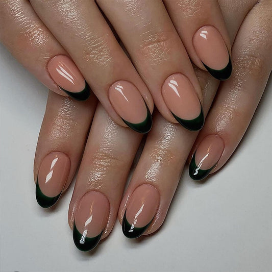Mystical Forest Elegance Medium Oval Beige with Dark Green French Tip Design for Striking Glamour