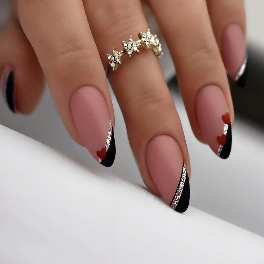 Romantic Elegance Medium Almond Shaped Matte Pink Black Tips with Sparkling Heart Accents Press On Nail Set