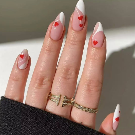 Romantic Vibes Medium Almond Pink and White Nails with Heart Accents