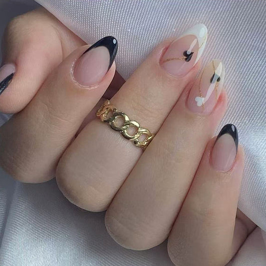 Chic Elegance Short Almond Black and Clear Gold Accent Press on Nail Set
