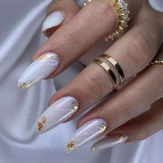 Elegant Romance Long Oval White with Gold Foil Accents Press On Nail Set
