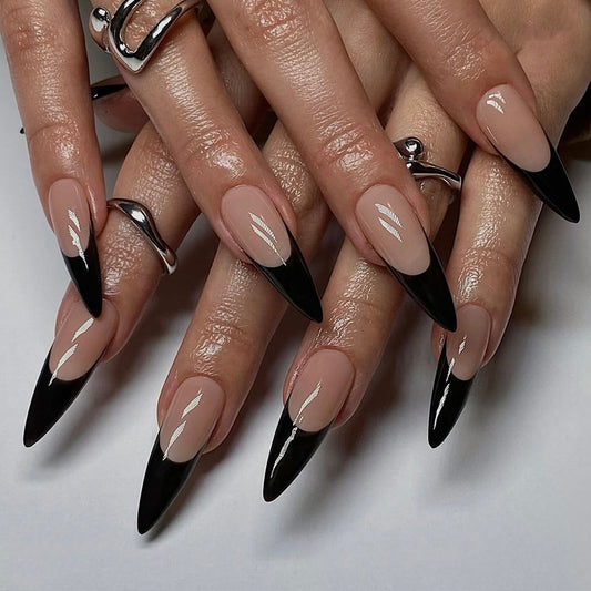 Gothic Chic Long Stiletto Black and Beige Press on Nail Set with Elegant Tip Design