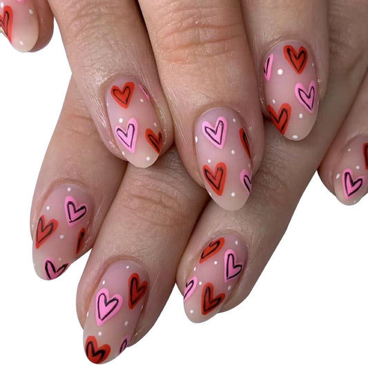 Romantic Heart Theme Medium Oval Pink and Red Transparent with Playful Heart Designs Press on Nail Set
