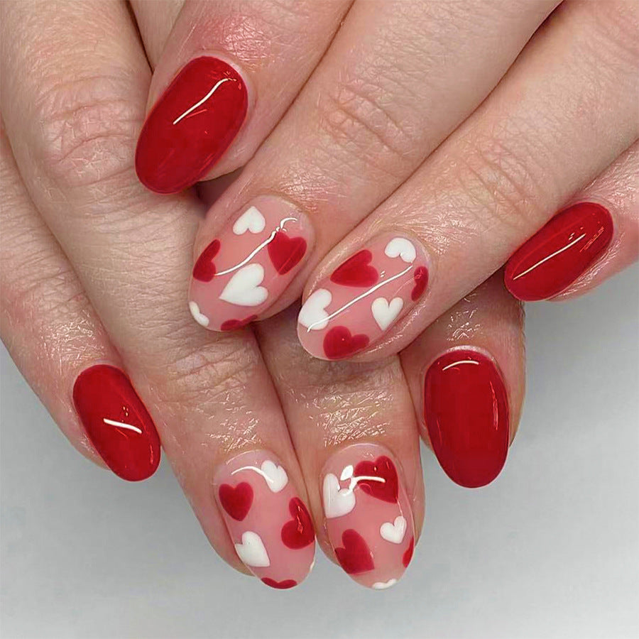 Romantic Heartfelt Short Round Red Press-On Nail Set with Playful Heart Design