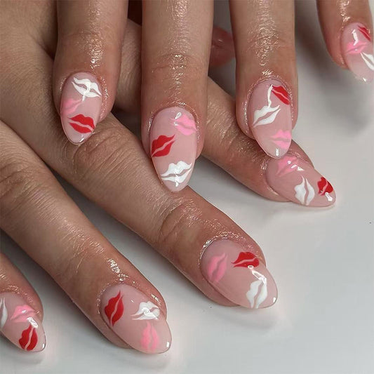 Kissable Romance Short Almond Shaped Pink and White Nail Set with Lip Prints