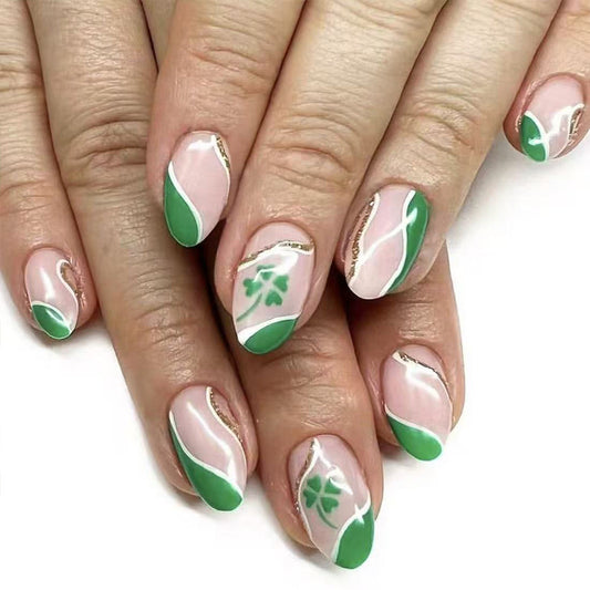 Whimsical Greenery Elegant Short Oval Shaped Long Press On Nail Set with Unique Gold Line Accent and Leaf Design