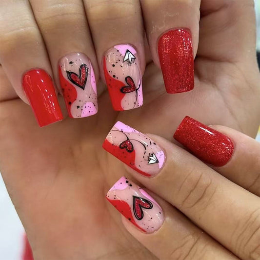 Romantic Heartfelt Glamour Medium Square Red and Pink Gradient Nails with Artistic Heart Design