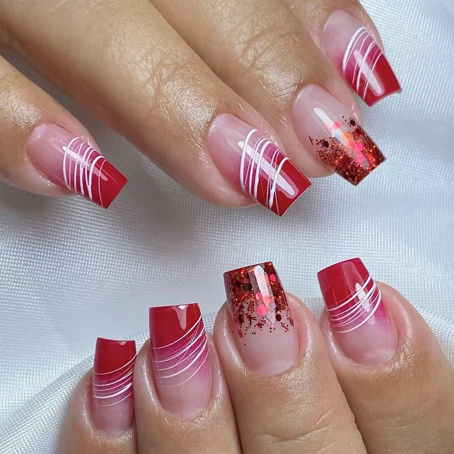 Glamorous Red Medium Square Press On Nail Set with Glitter Ombre and Chic White Stripes