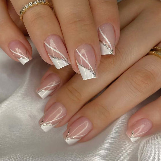 Elegant Bliss Medium Coffin White and Pink Ombre Press On Nail Set with Glitter Accents
