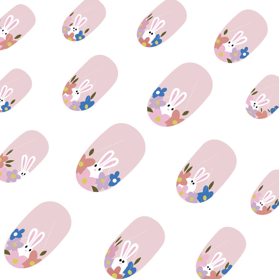 Whimsical Springtime Short Round Floral Pink Press On Nail Set with Adorable Bunny Design