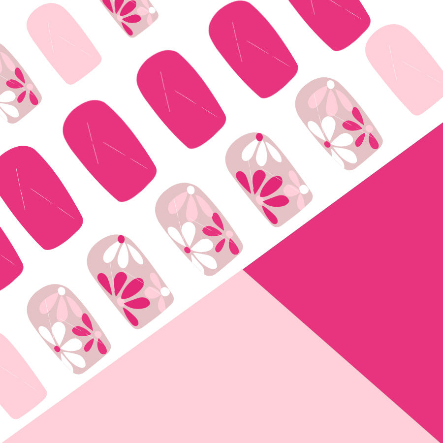 Blossom Garden Glamour Medium Square Pink with Artistic Floral Design Press-On Nail Set