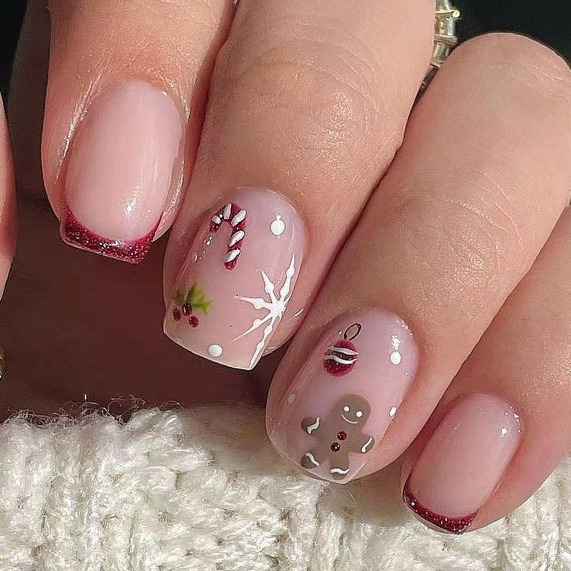 Holiday Cheer Soft Medium Square Blush with Sparkling Red Tips and Festive Gingerbread Design Press on Nail Set