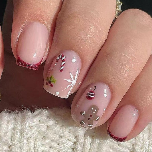 Holiday Cheer Soft Medium Square Blush with Sparkling Red Tips and Festive Gingerbread Design Press on Nail Set