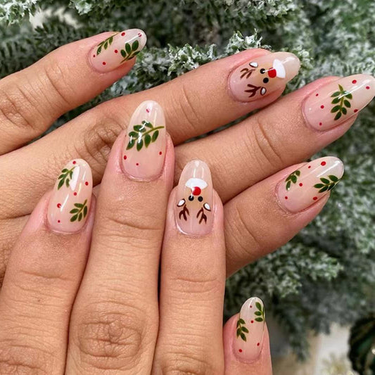 Festive Cheer Medium Almond Length Transparent with Greenery and Red Accents Press On Nail Set