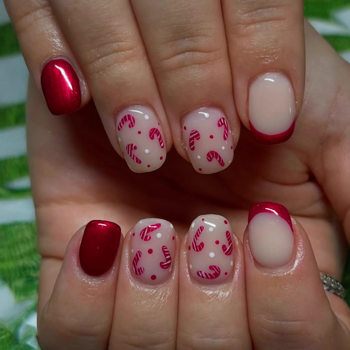 Festive Candy Cane Inspired Short Square Red and Clear Press on Nail Set with Fun Holiday Design
