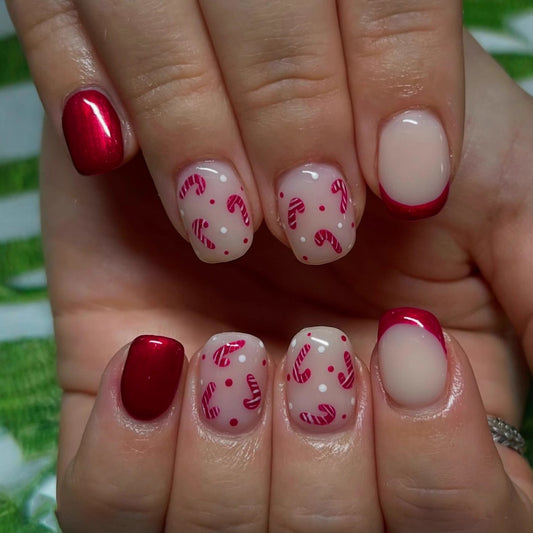 Festive Candy Cane Inspired Short Square Red and Clear Press on Nail Set with Fun Holiday Design