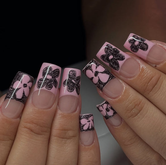 Blooming elegance medium square pink nails with intricate floral designs