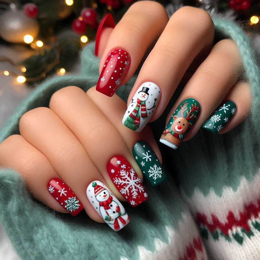 Festive Holiday Spirit Medium Square Red and Green Press On Nail Set with Cheerful Winter Characters