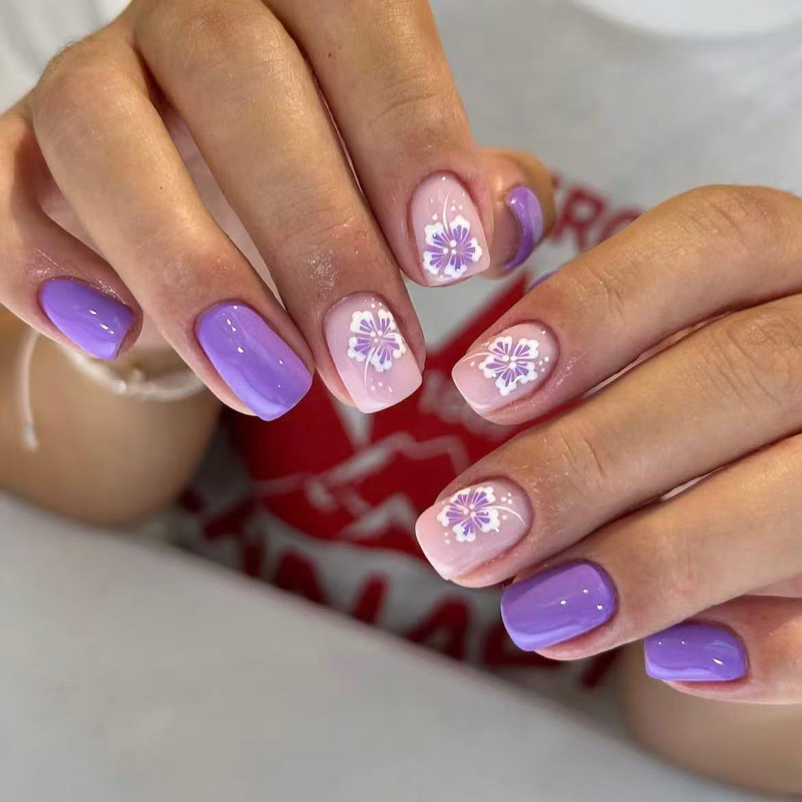 Enchanting Floral Dream Medium Length Square Shape Lavender and Pink Color with Whimsical Flower Design Press On Nail Set