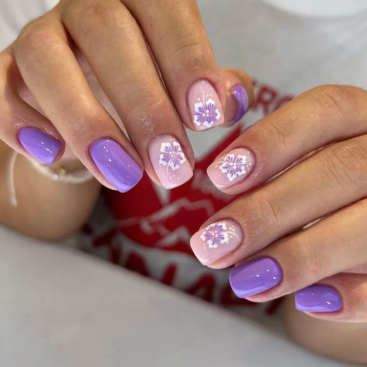 Enchanting Floral Dream Medium Length Square Shape Lavender and Pink Color with Whimsical Flower Design Press On Nail Set
