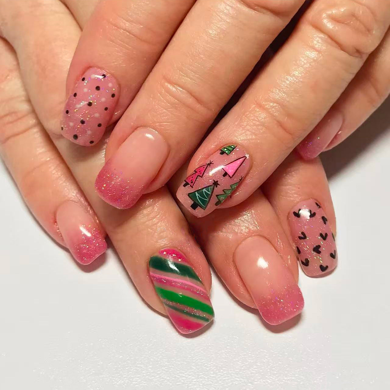 Festive Charm Long Square Glossy Pink Press-On Nail Set with Whimsical Holiday Designs