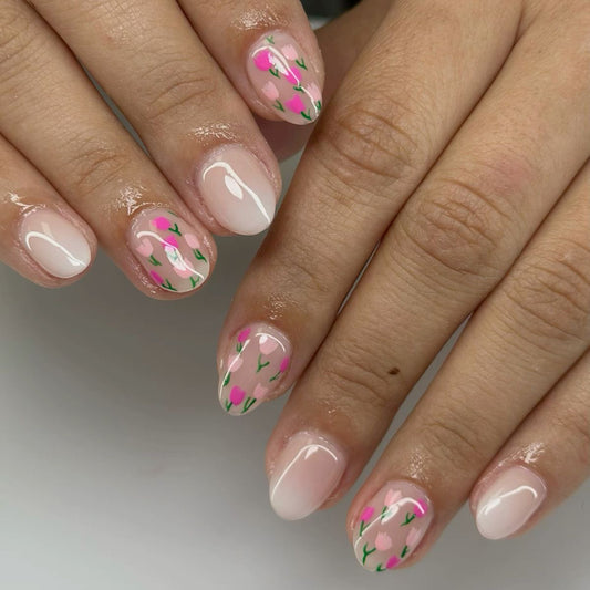 Charming Garden Press on Nail Set Short Oval Soft Pink with Floral Design