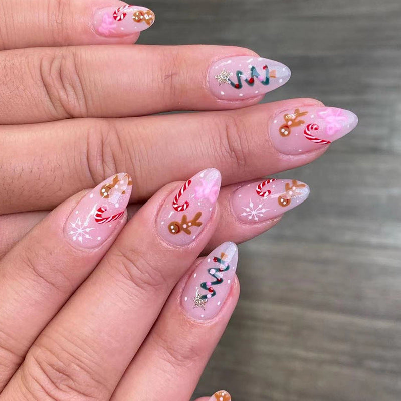 Festive Winter Wonderland Medium Almond Pink with Gingerbread and Candy Cane Design Press On Nail Set