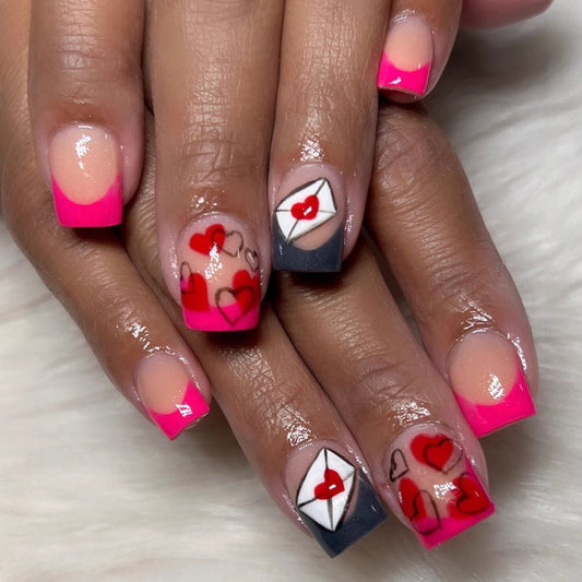 Love Letter Romance Medium Square Pink Ombre Press On Nail Set Featuring Artistic Heart Designs
